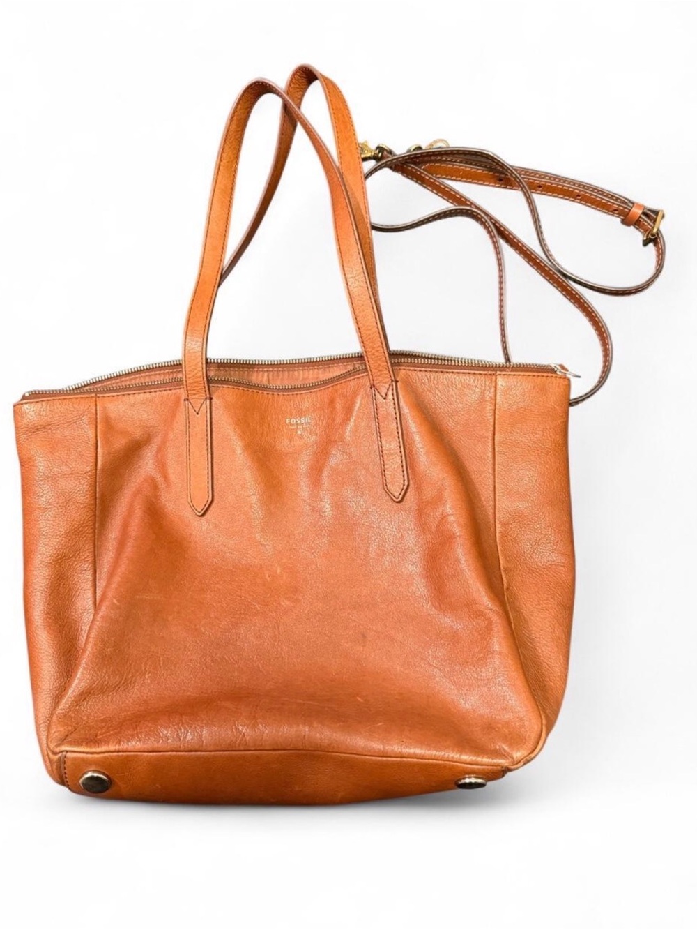 Fossil brown leather tote bag with removable shoulder strap.